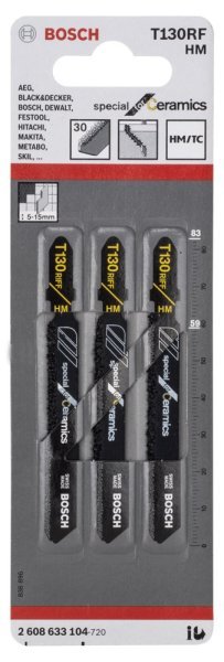 Bosch - Seramik İçin Özel T 130 RIFF Dekupaj Testeresi Bıçağı - 3'Lü Paket 2608633104