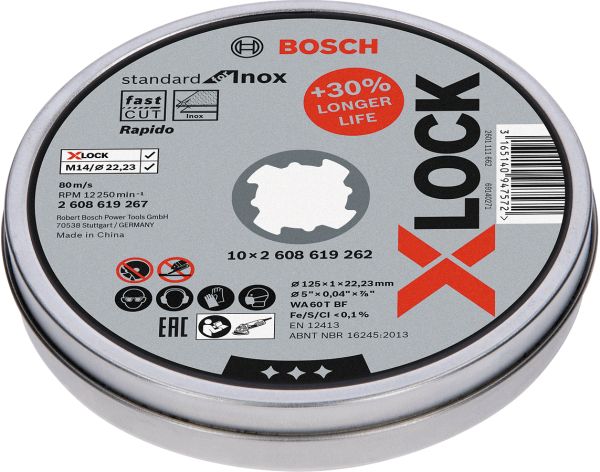 Bosch - X-LOCK - 125*1,0mm Standard Seri Düz Inox (Paslanmaz Çelik) Kesme Diski (Taş) - Rapido 10'lu 2608619267