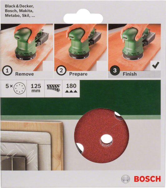 Bosch - Eksantirik Zımpara Kağıdı 5'li, 125 mm 180 Kum 8 Delik 2609256A26