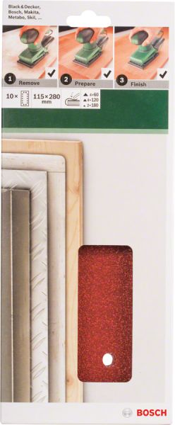 Bosch - Titreşimli Zımpara Kağıdı 10'lu Set, 115 x 280 mm 60 120 180 Kum 14 Delik 2609256B32