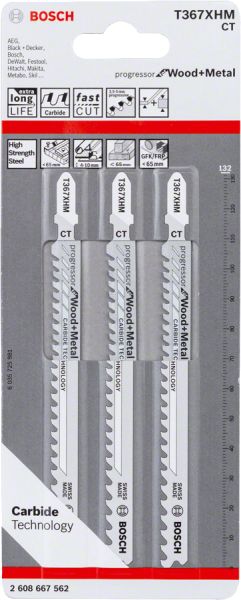 Bosch - Progressor Serisi Metal ve Ahşap Kesimi İçin Özel T 367 XHM Dekupaj Testeresi Bıçağı - 3'lü Paket 2608667562