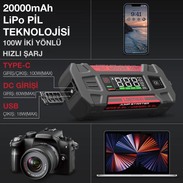 LOKITHOR J401 12V 2500Amp Li-Polimer Akıllı Akü Takviye + Powerbank + Led Lamba