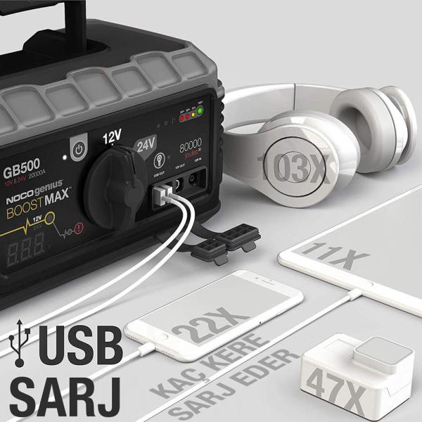 NOCO Genius GB500 12V/24V 20.000Amp Ultrasafe Lityum Akü Takviye + Powerbank + Led Lamba
