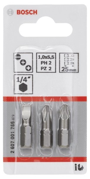 Bosch - 3 Parçalı Extra Hard Serisi Vidalama Ucu Seti PH2 PZ2 SL1,0*25 mm 2607001766