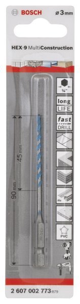 Bosch - Altıgen Şaftlı, HEX-9 Serisi Çoklu Malzeme için Matkap Ucu 3*90 mm 2607002773