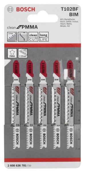 Bosch - Temiz Kesim Serisi Akrilik Cam İçin T 102 Bf Dekupaj Testeresi Bıçağı - 5'Li Paket 2608636781