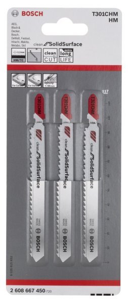 Bosch - Temiz Kesim Serisi Sert Yüzeyler İçin T 301 CHM Dekupaj Testeresi Bıçağı - 3'Lü Paket 2608667450