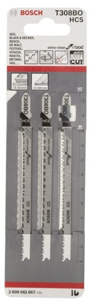 Bosch - Ekstra Temiz Kesim Serisi Ahşap İçin T 308 BO Dekupaj Testeresi Bıçağı - 3'Lü Paket 2608663867