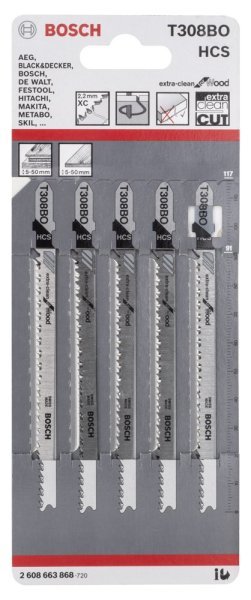 Bosch - Ekstra Temiz Kesim Serisi Ahşap İçin T 308 BO Dekupaj Testeresi Bıçağı - 5'Li Paket 2608663868