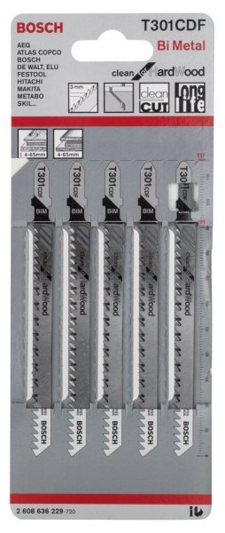 Bosch - Temiz Kesim Serisi Sert Ahşap İçin T 301 CDF Dekupaj Testeresi Bıçağı - 5'Li Paket 2608636229
