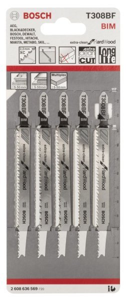 Bosch - Extra Temiz Kesim Serisi Sert Ahşap İçin T 308 BF Dekupaj Testeresi Bıçağı - 5'Li Paket 2608636569