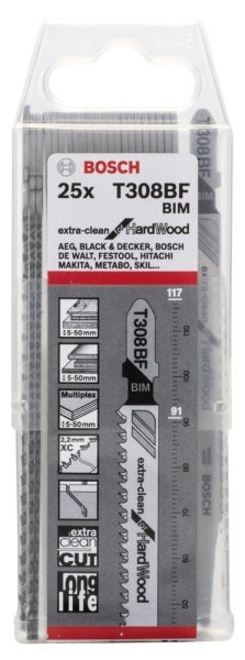 Bosch - Extra Temiz Kesim Serisi Sert Ahşap İçin T 308 BF Dekupaj Testeresi Bıçağı - 25'Li Paket 2608636570