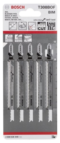 Bosch - Extra Temiz Kesim Serisi Sert Ahşap İçin T 308 BOF Dekupaj Testeresi Bıçağı - 5'Li Paket 2608636640