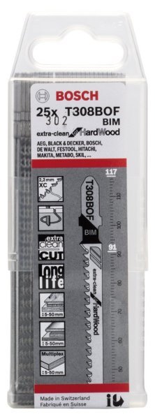 Bosch - Extra Temiz Kesim Serisi Sert Ahşap İçin T 308 BOF Dekupaj Testeresi Bıçağı - 25'Li Paket 2608636641