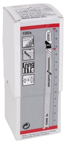 Bosch - Ahşap ve Metal İçin T 345 XF Dekupaj Testeresi Bıçağı - 100'Lü Paket 2608634486
