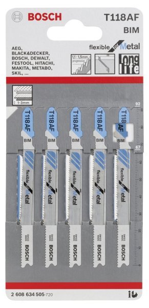Bosch - Kırılmaya Karşı Dayanıklı Seri Metal İçin T 118 AF Dekupaj Testeresi Bıçağı - 5'Li Paket 2608634505