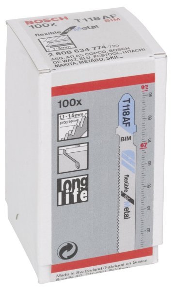 Bosch - Kırılmaya Karşı Dayanıklı Seri Metal İçin T 118 AF Dekupaj Testeresi Bıçağı - 100'Lü Paket 2608634774